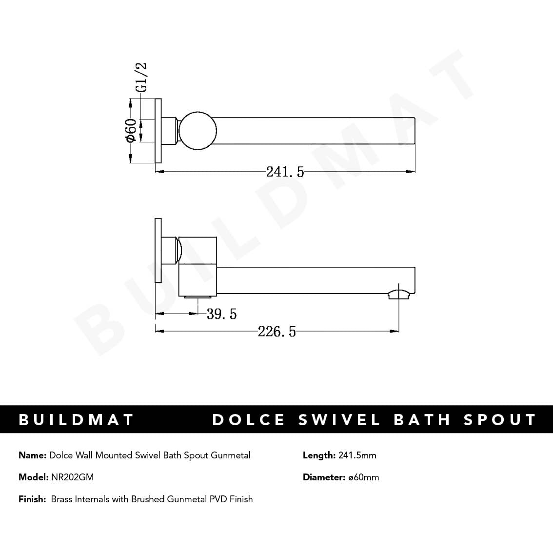 Dolce Wall Mounted Swivel Bath Spout Gunmetal