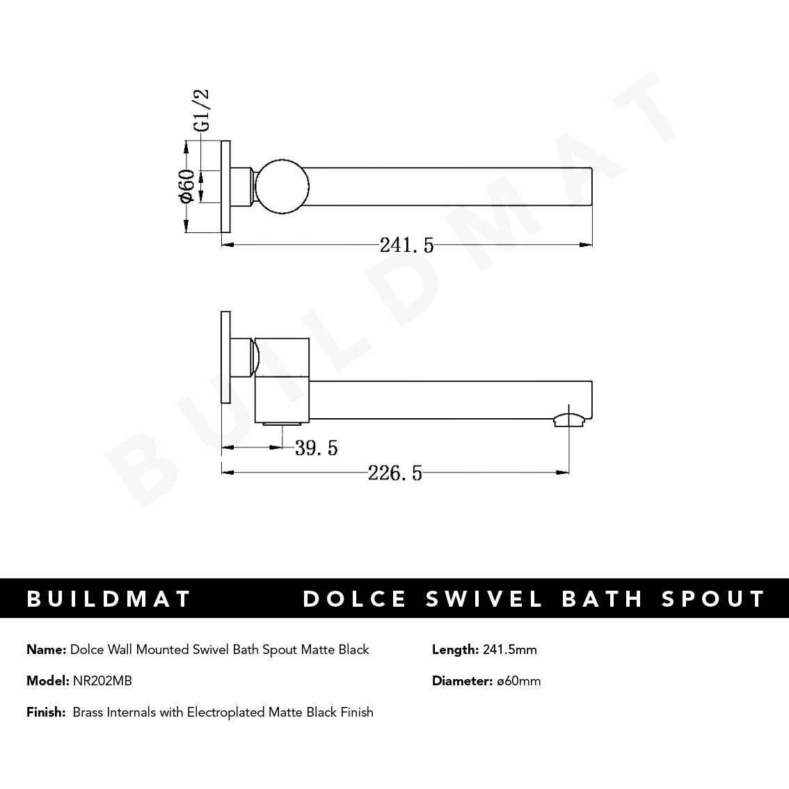 Dolce Wall Mounted Swivel Bath Spout Matte Black