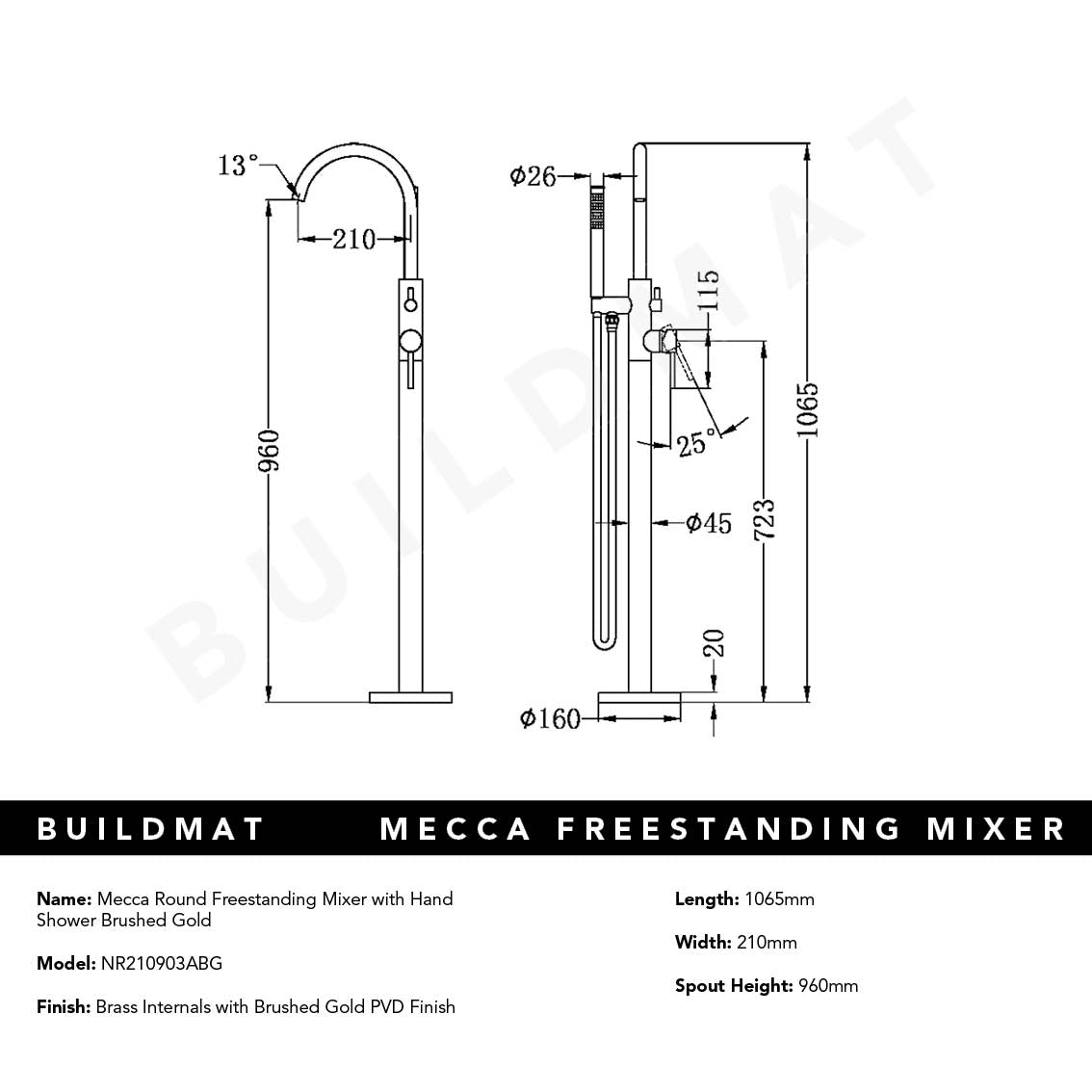 Mecca Round Freestanding Mixer with Hand Shower Brushed Gold