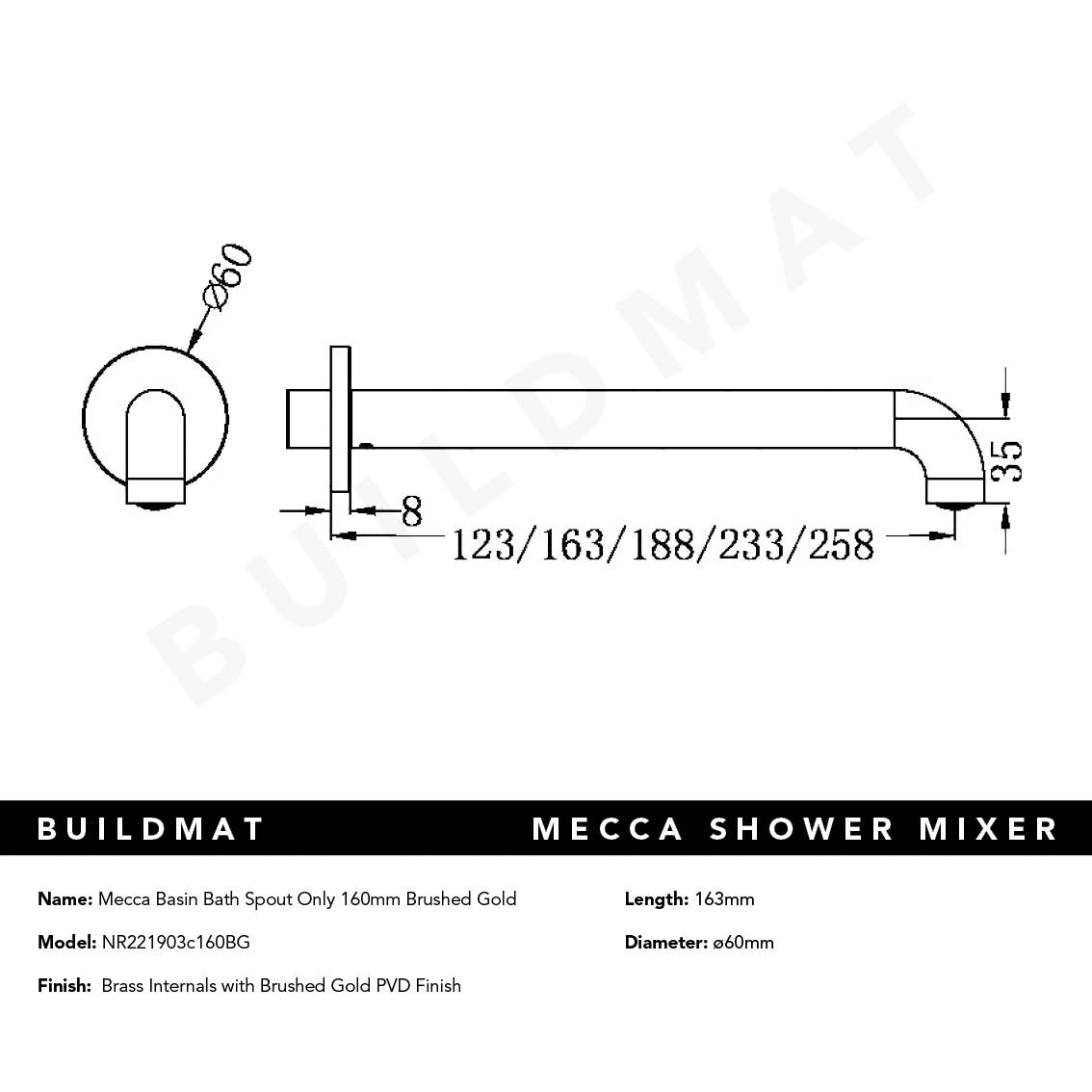 Mecca Wall Basin/Bath 160mm Spout Brushed Gold