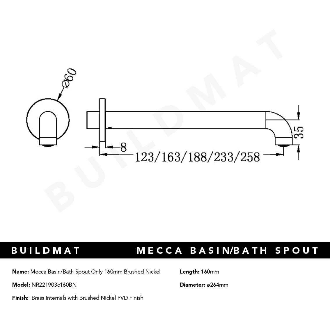 Mecca Basin/Bath Spout Only 160mm Brushed Nickel