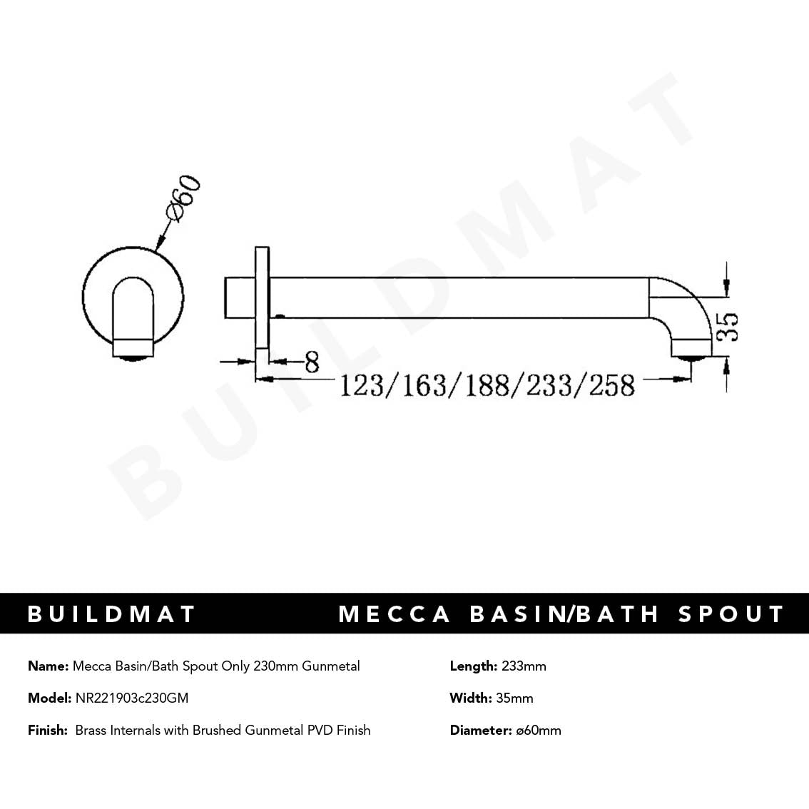 Mecca Basin/Bath Spout Only 230mm Gunmetal