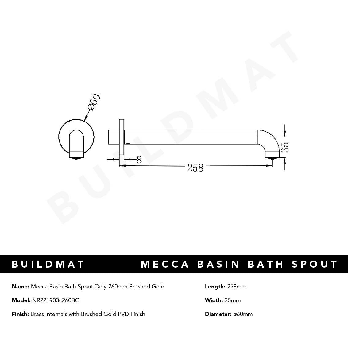 Mecca Wall Basin/Bath 260mm Spout Brushed Gold