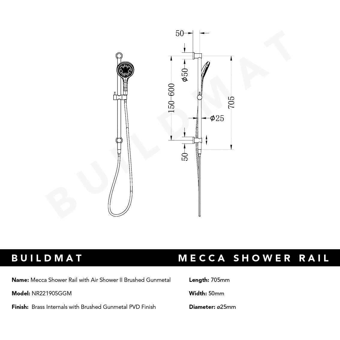 Mecca Shower Rail With Air Shower II Brushed Gunmetal