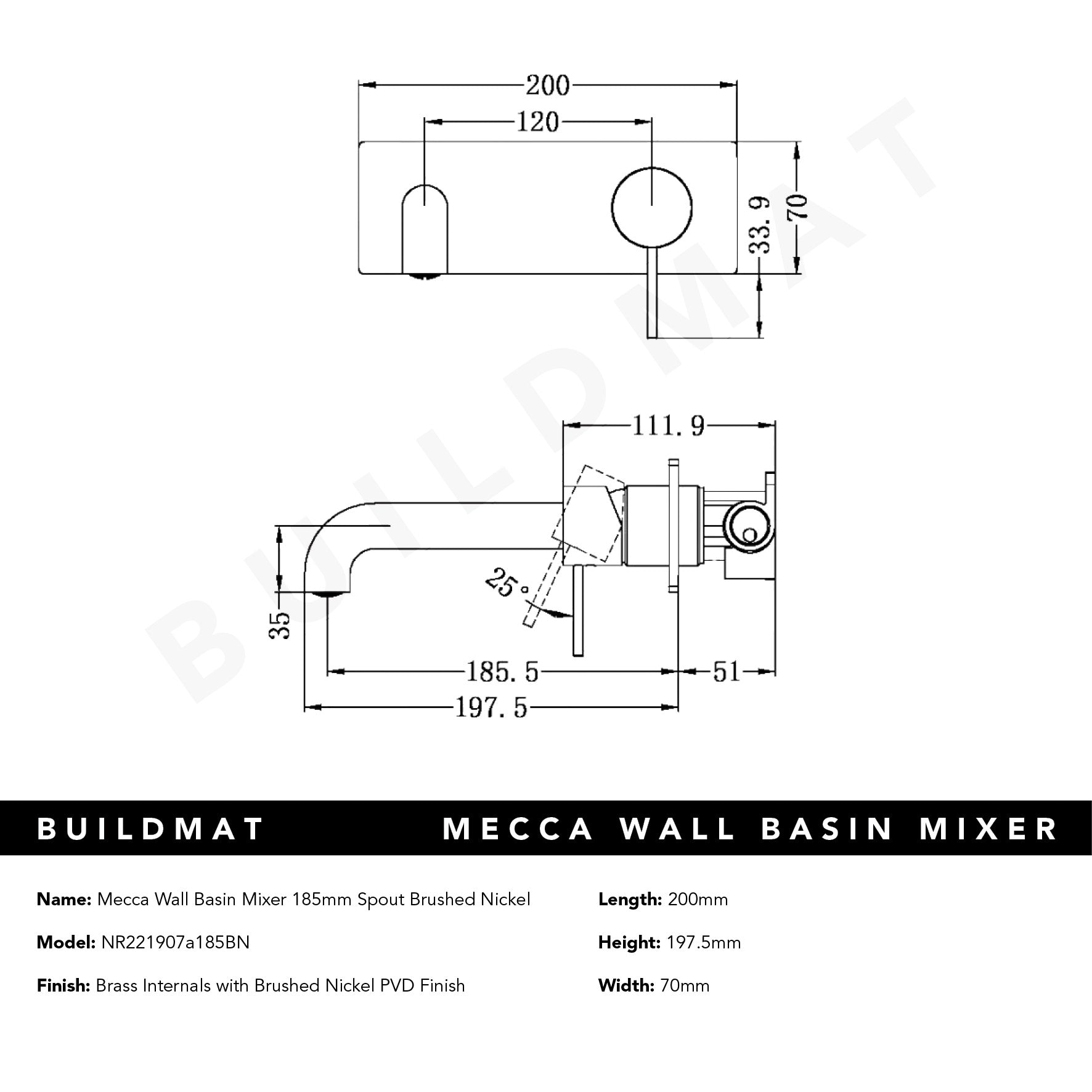 Mecca Wall Basin Mixer 185mm Spout Brushed Nickel