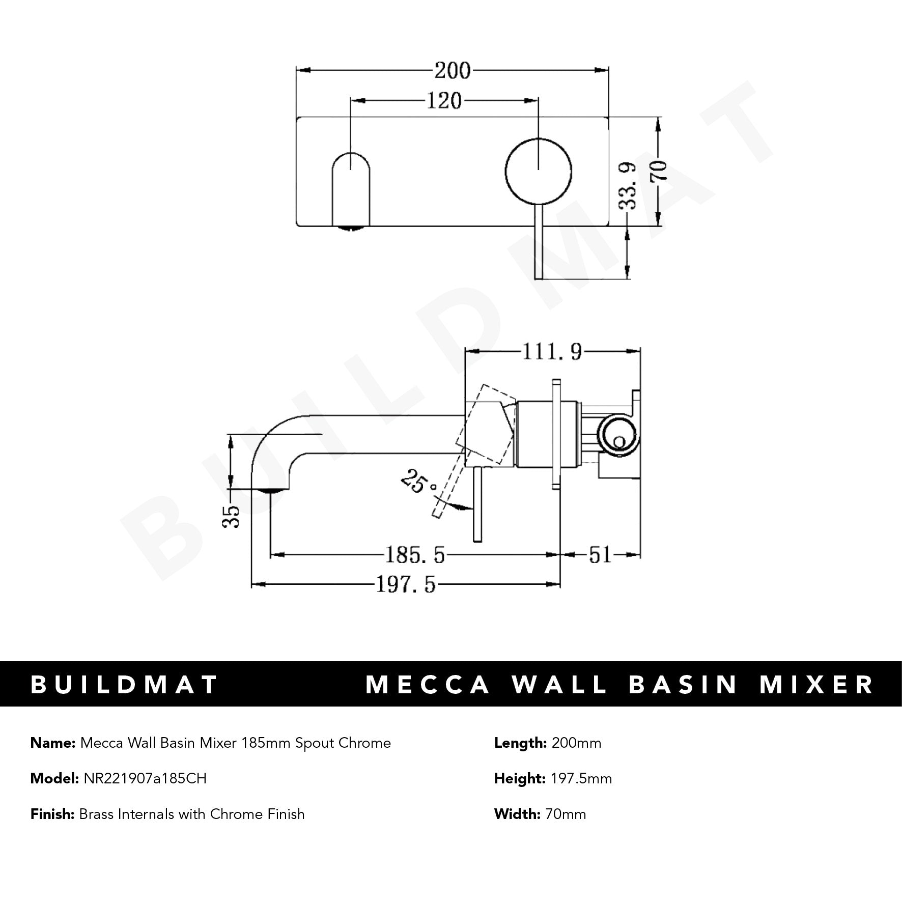 Mecca Wall Basin Mixer 185mm Spout Chrome