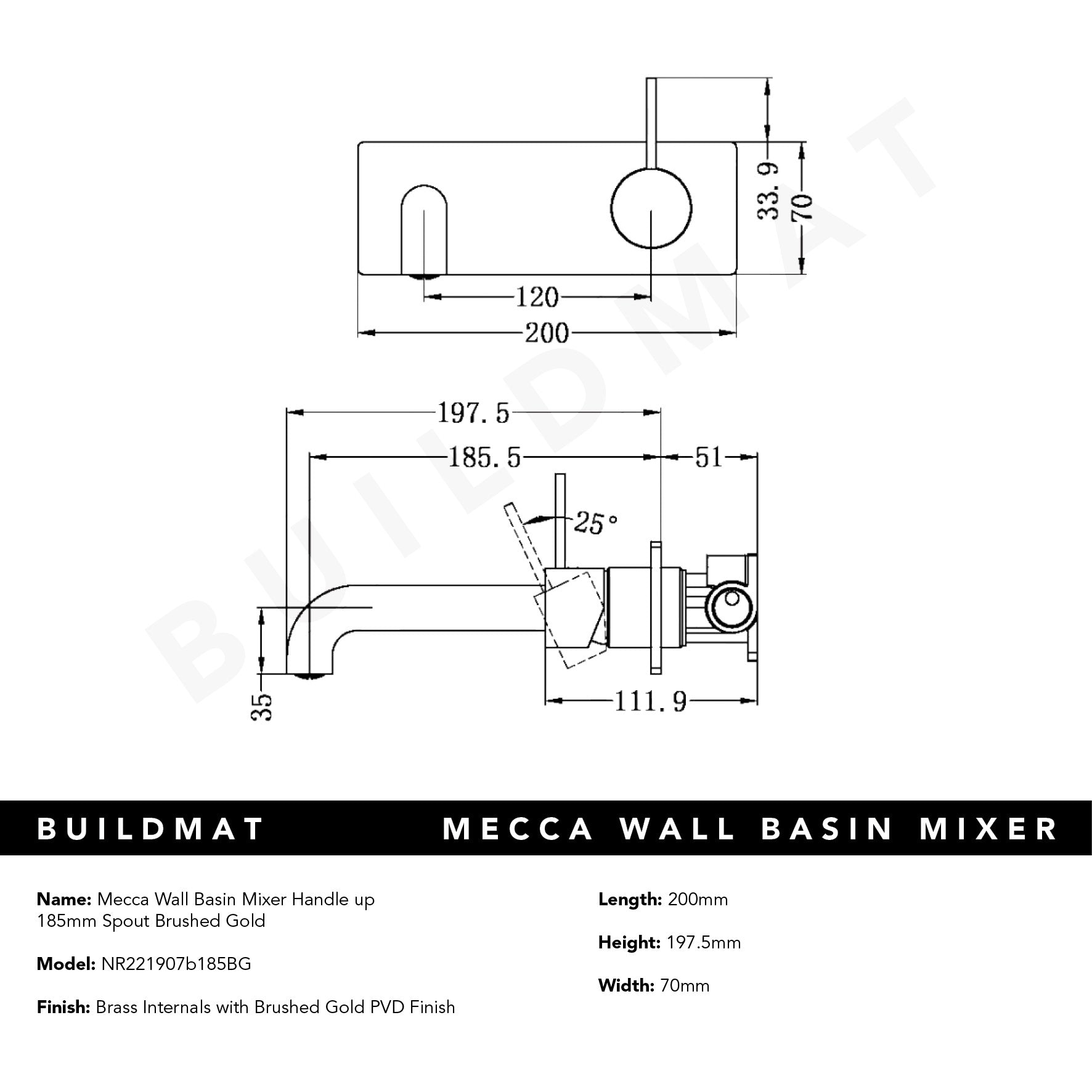 Mecca Wall Basin Mixer Handle Up 185mm Spout Brushed Gold