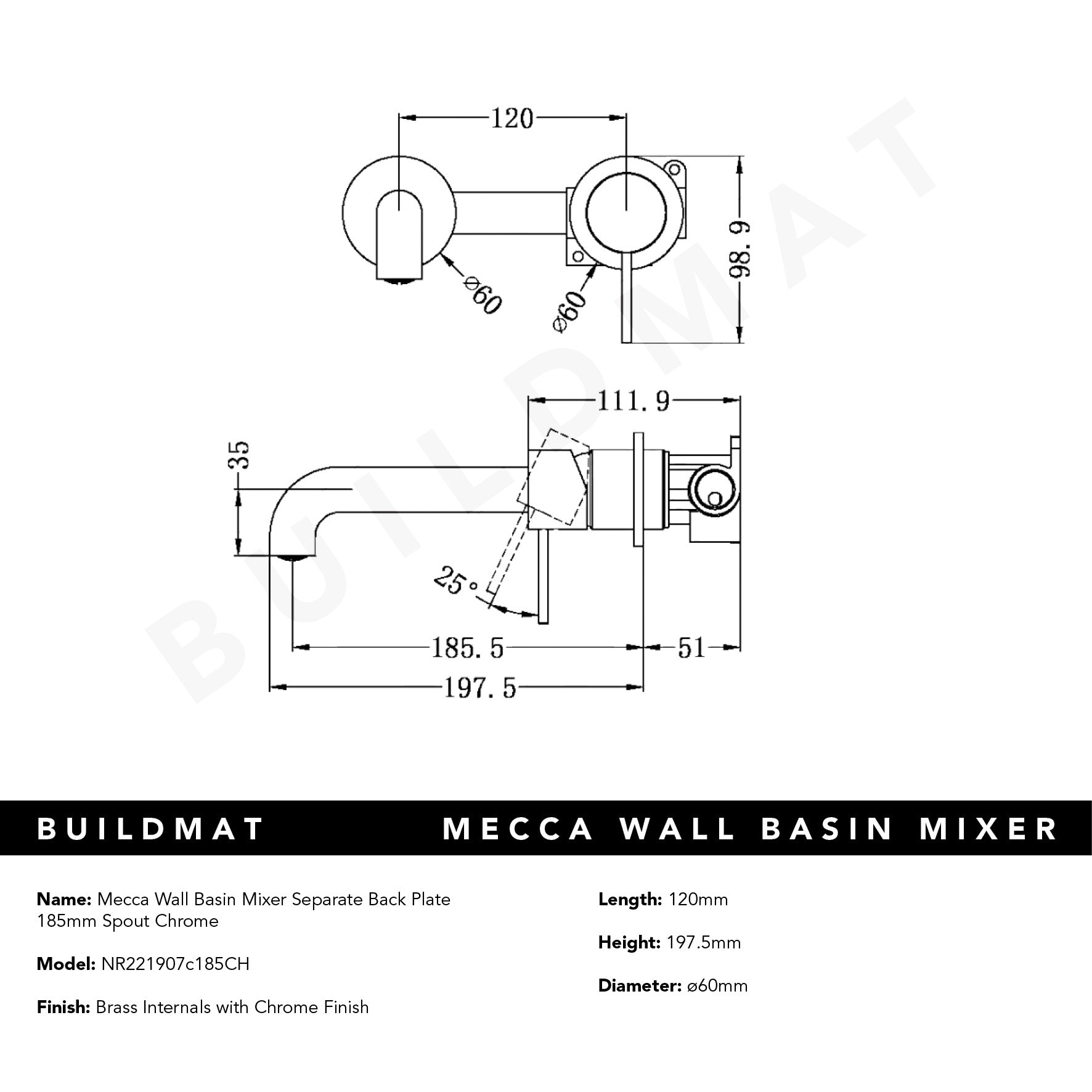 Mecca Wall Basin Mixer Separate Back Plate 185mm Spout Chrome