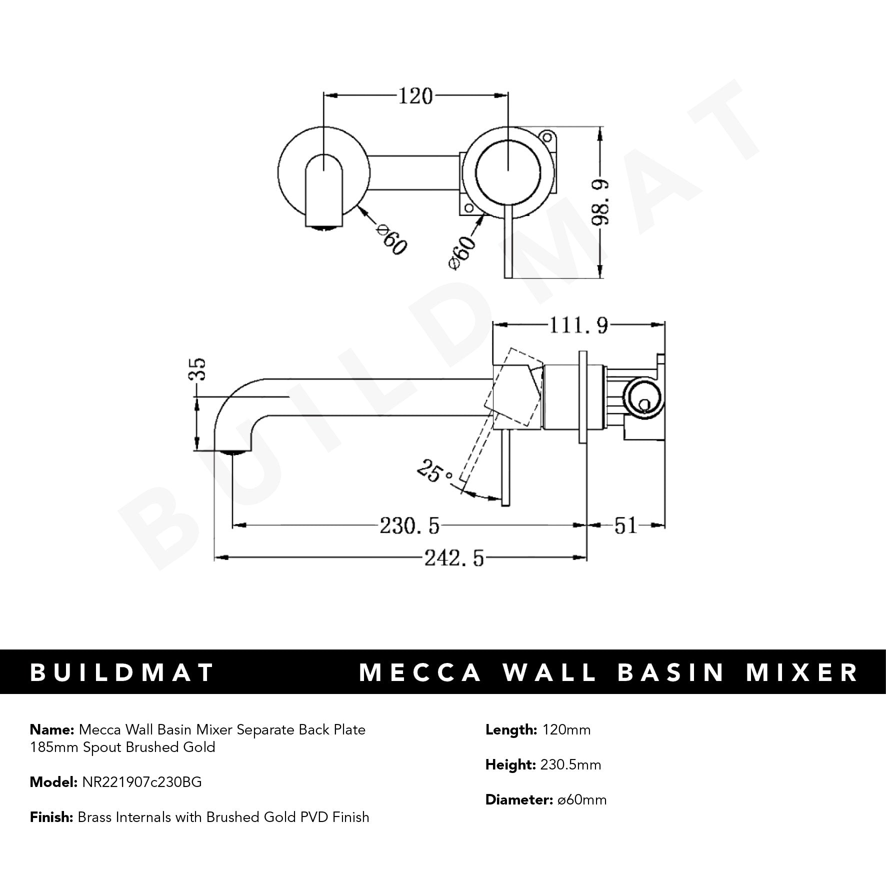 Mecca Wall Basin Mixer Separate Back Plate 230mm Spout Brushed Gold