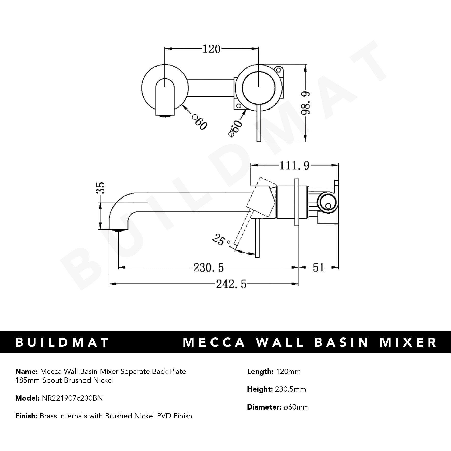 Mecca Wall Basin Mixer Separate Back Plate 230mm Spout Brushed Nickel