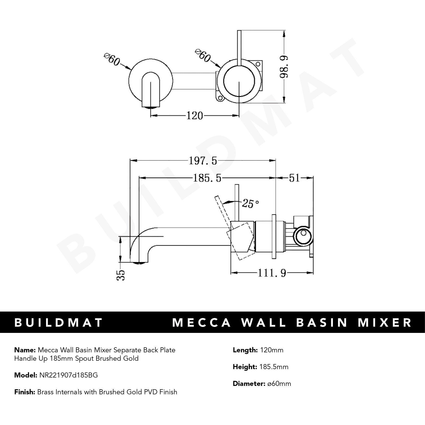 Mecca Wall Basin Mixer Separate Back Plate Handle Up 185mm Spout Brushed Gold