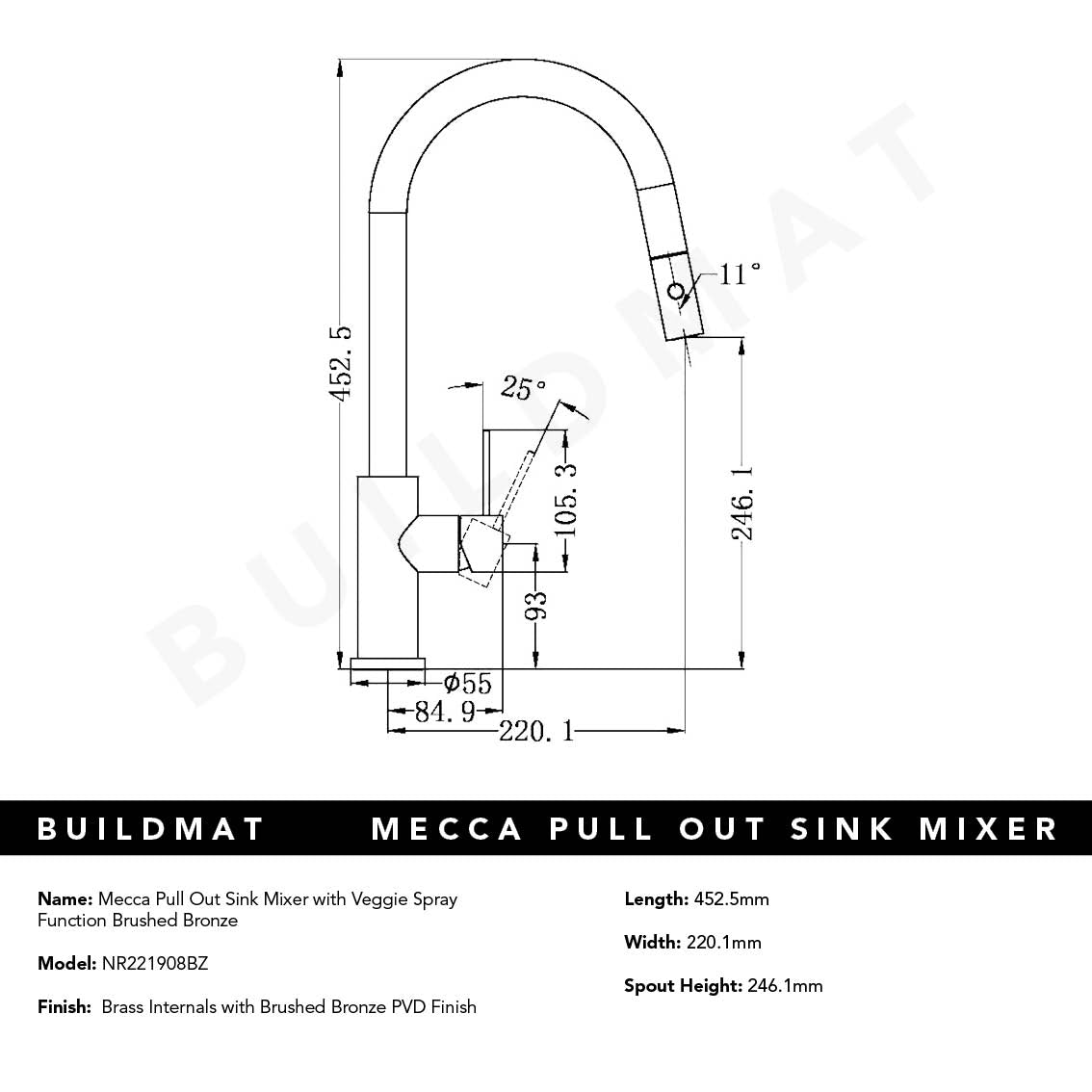 Mecca Brushed Bronze Pull Out Sink Mixer With Veggie Spray Function