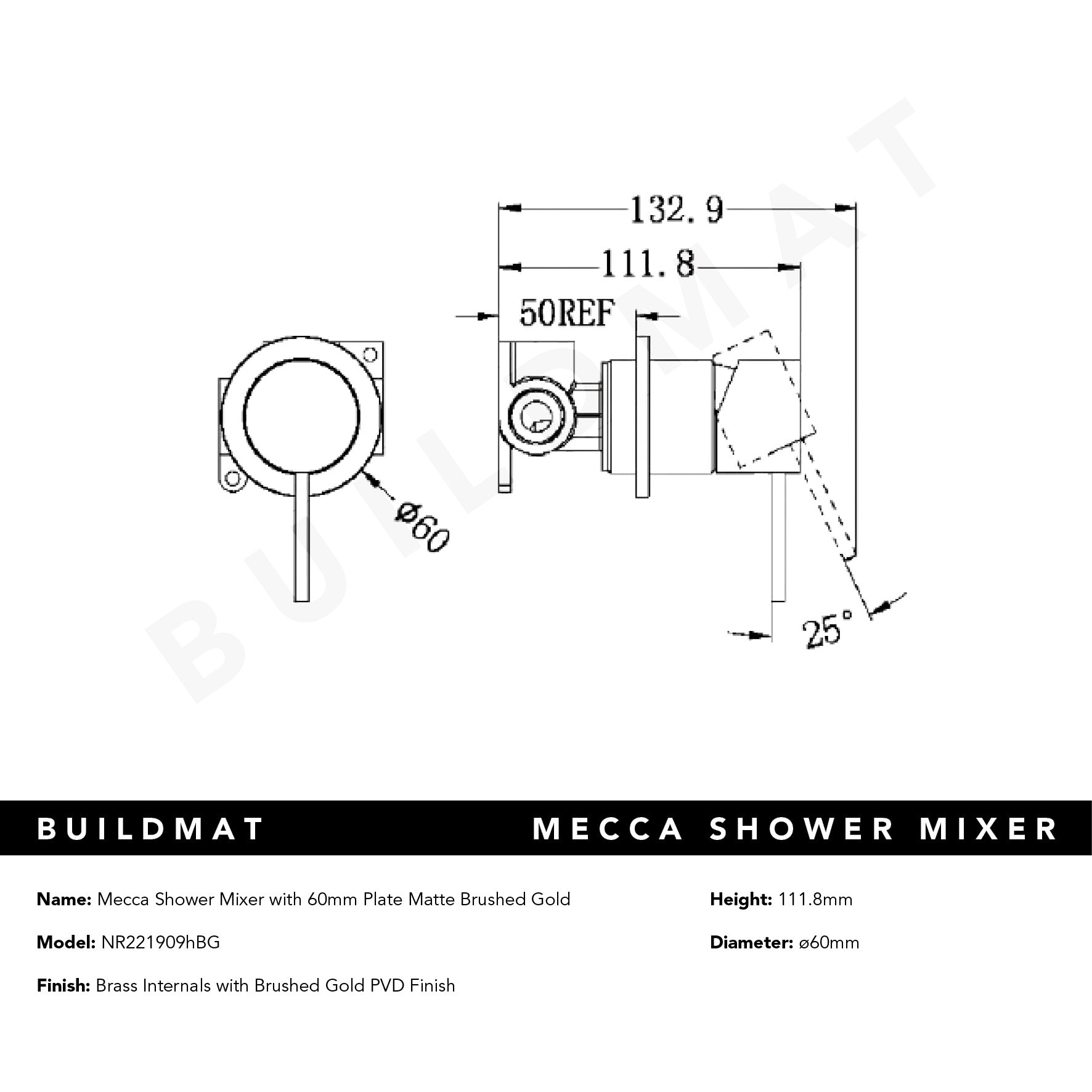 Mecca Shower Mixer with 60mm Plate Brushed Gold