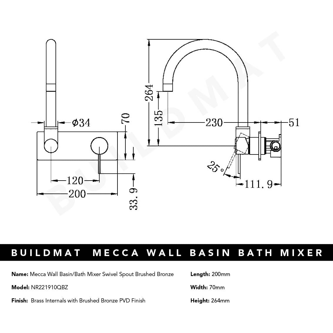 Mecca Wall Basin/Bath Mixer Swivel Spout Brushed Bronze