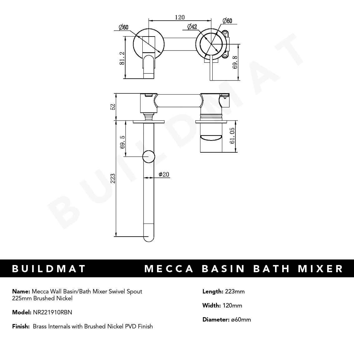 Mecca Wall Basin/Bath Mixer Swivel Spout 225mm Brushed Nickel