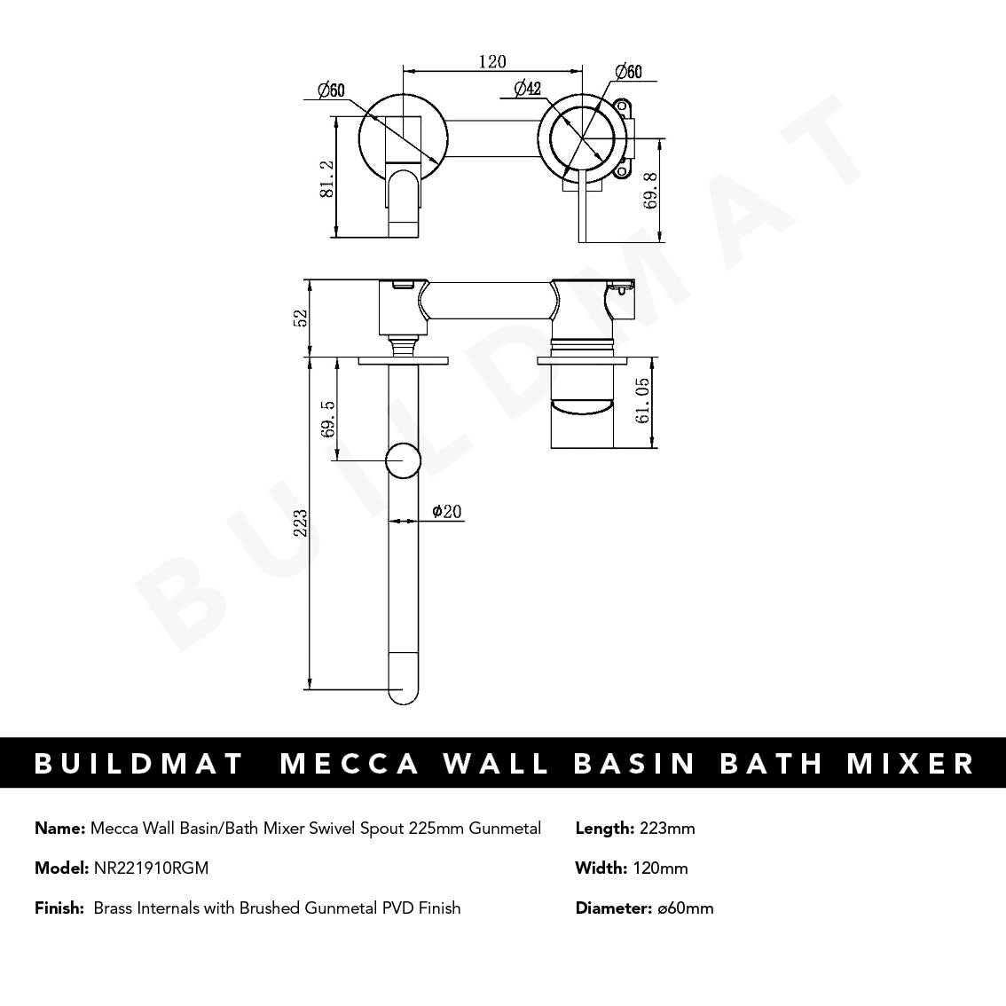 Mecca Wall Basin/Bath Mixer Swivel Spout 225mm Brushed Gunmetal