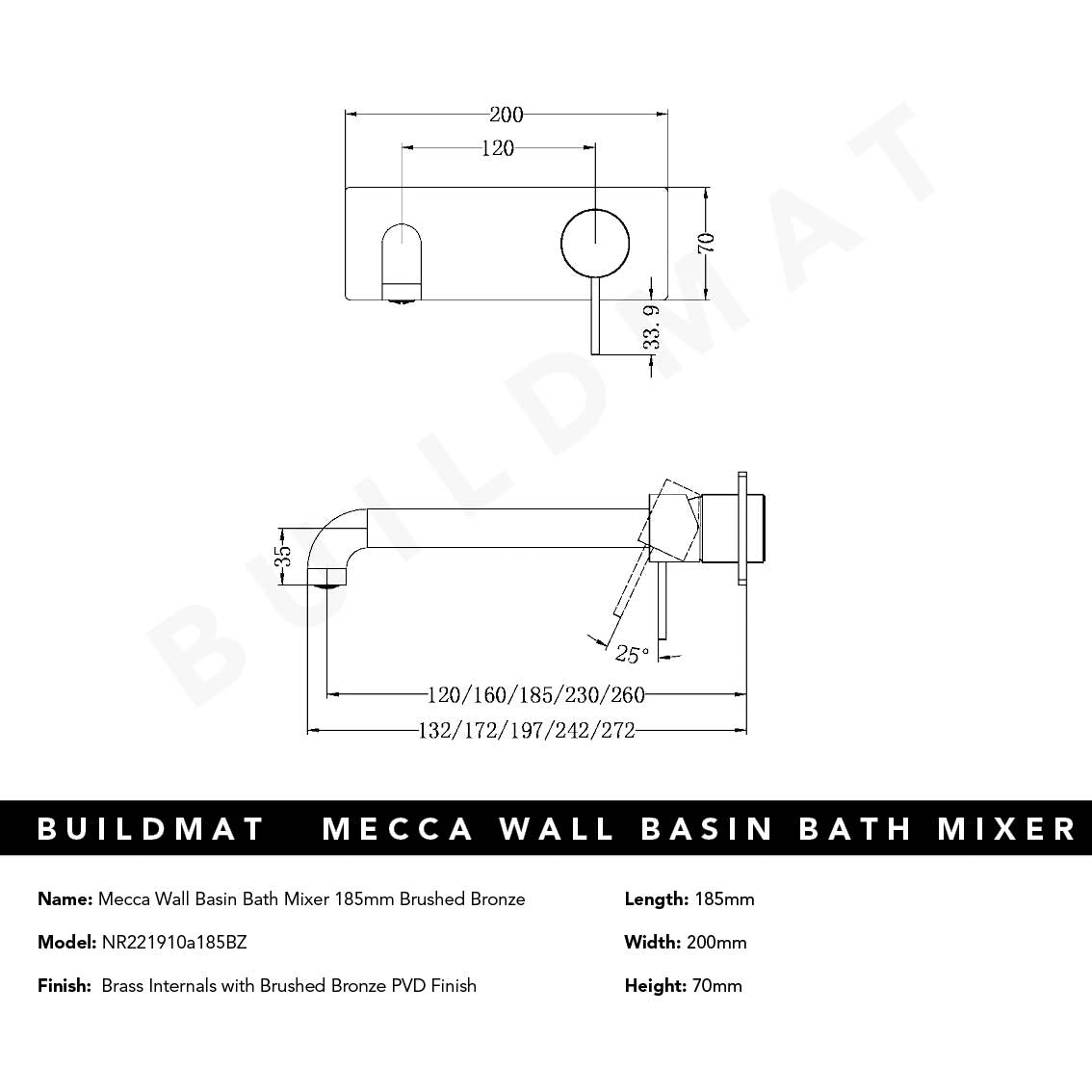 Mecca Wall Basin/Bath Mixer 185mm Brushed Bronze