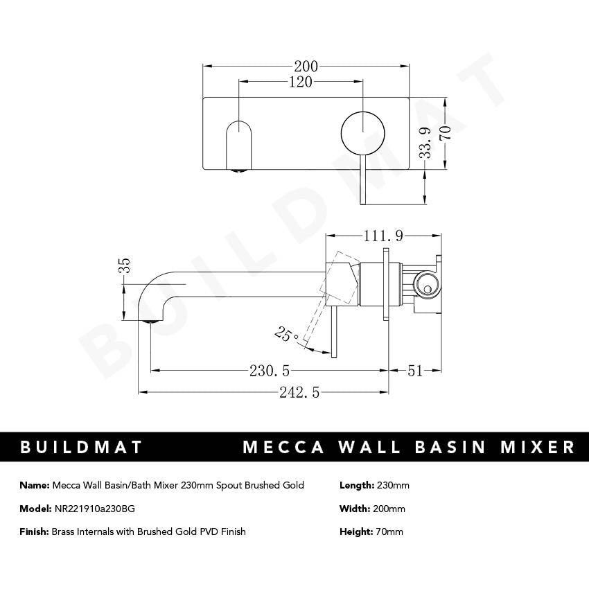 Mecca Wall Basin/Bath Mixer 230mm Spout Brushed Gold