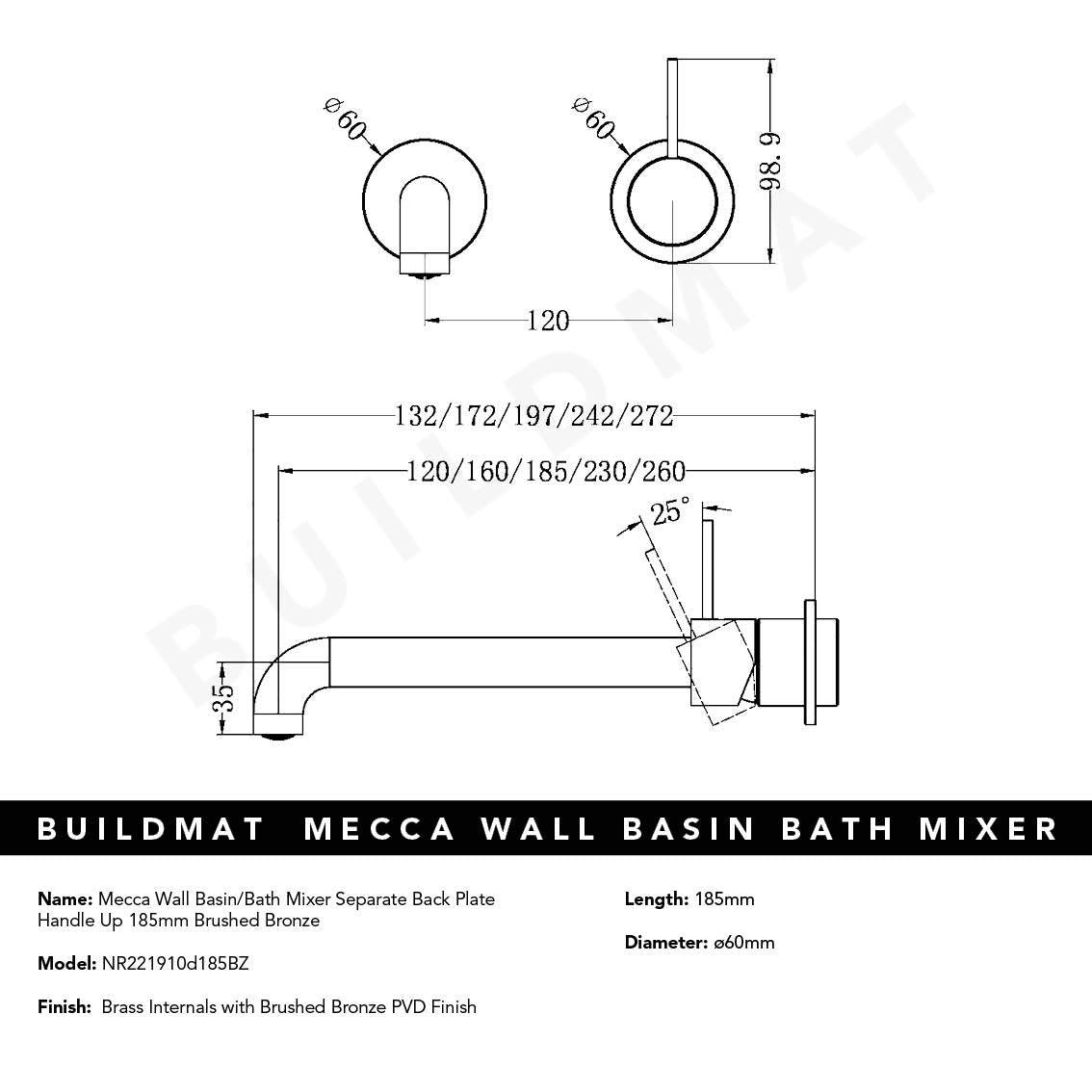 Mecca Wall Basin Mixer Separate Back Plate Handle Up 185mm Spout Brushed Bronze