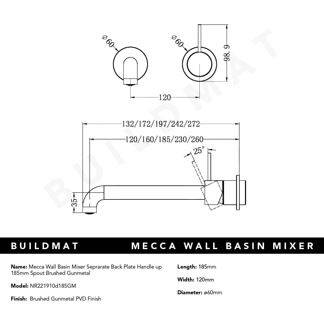 Mecca Wall Basin Mixer Separate Back Plate Handle Up 185mm Spout Brushed Gunmetal