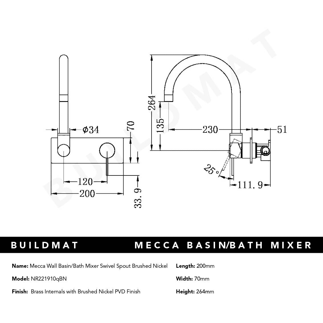 Mecca Wall Basin/Bath Mixer Swivel Spout Brushed Nickel