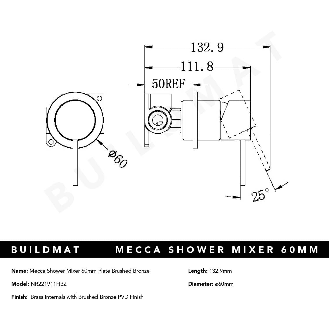 Mecca Shower Mixer with 60mm Plate Brushed Bronze