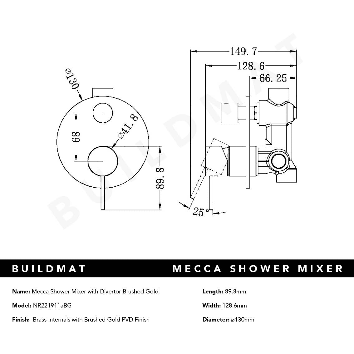 Mecca Shower Mixer with Divertor Brushed Gold