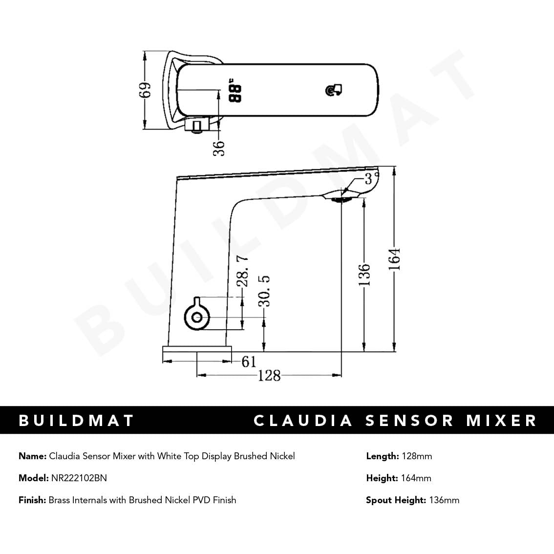 Claudia Sensor Mixer with White Top Display Brushed Nickel