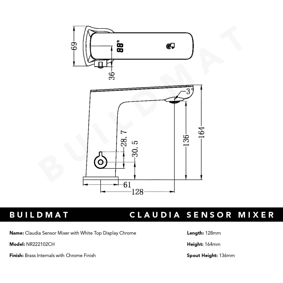 Claudia Sensor Mixer with White Top Display Chrome