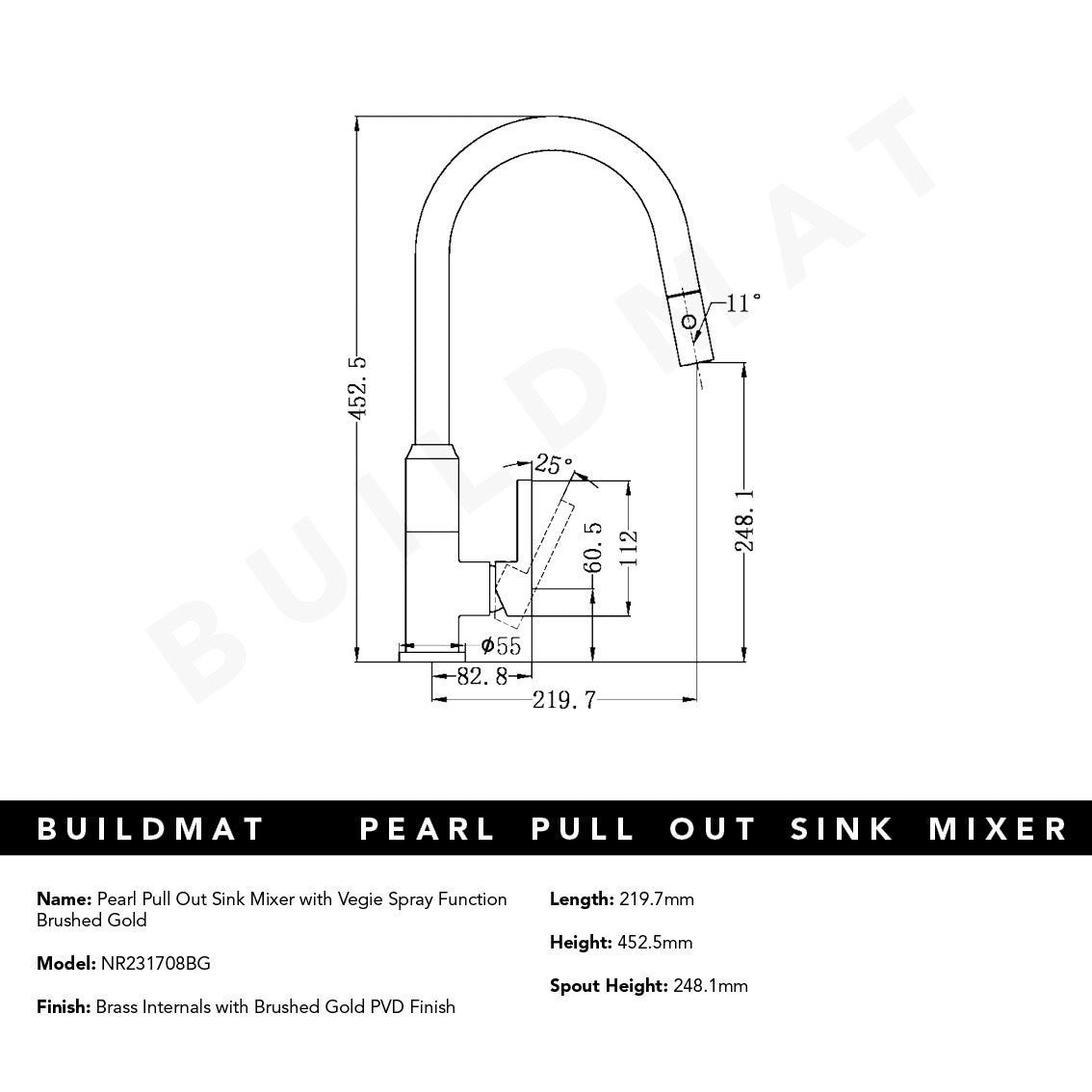 Pearl Pull Out Sink Mixer With Veggie Spray Function Brushed Gold