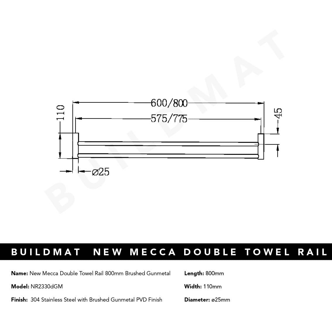 New Mecca Double Towel Rail 800mm Brushed Gunmetal