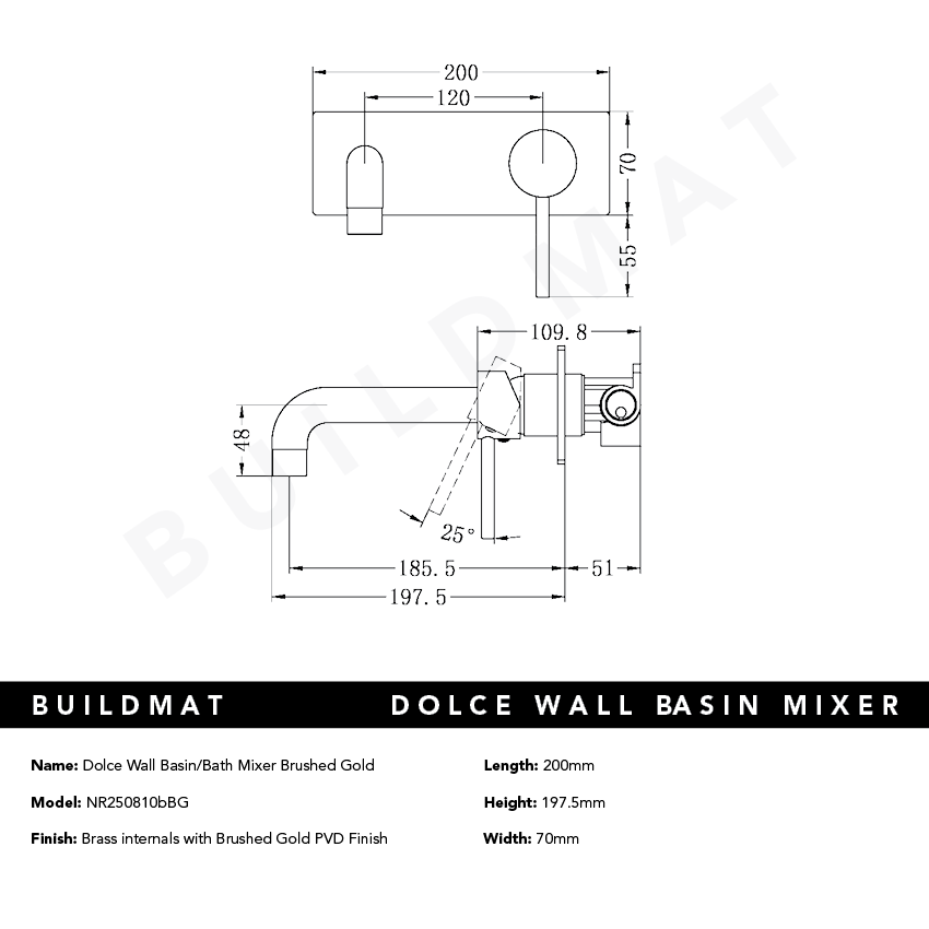 Dolce Wall Basin/Bath Mixer Brushed Gold