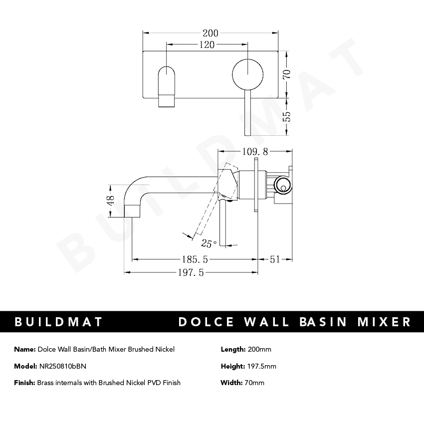 Dolce Wall Basin/Bath Mixer Brushed Nickel