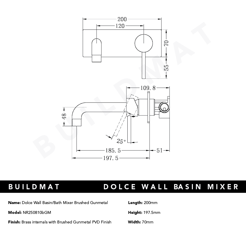 Dolce Wall Basin/Bath Mixer Brushed Gunmetal