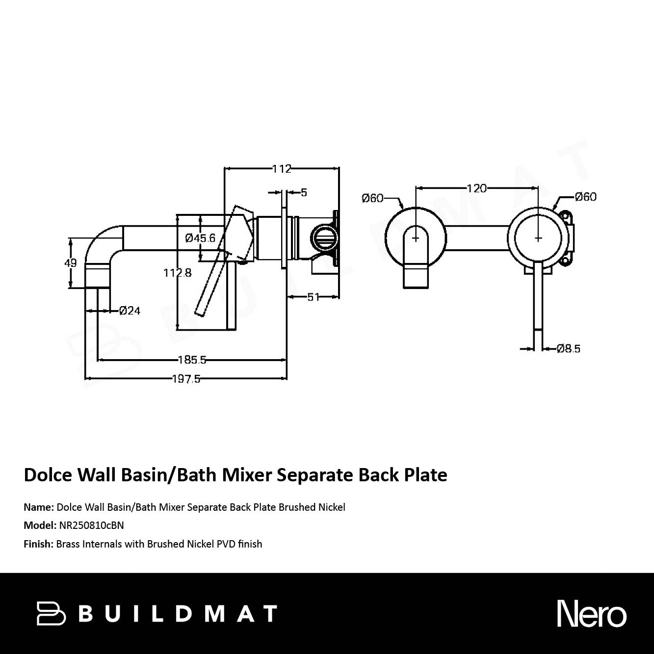 Dolce Wall Basin/Bath Mixer Separate Back Plate Brushed Nickel