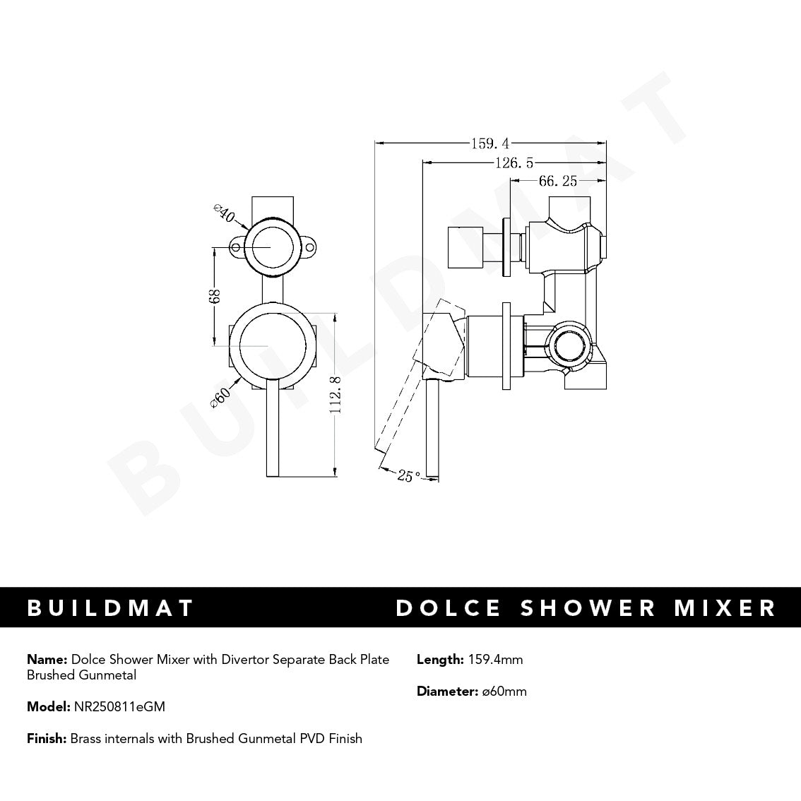 Dolce Shower Mixer with Divertor Separate Back Plate Brushed Gunmetal