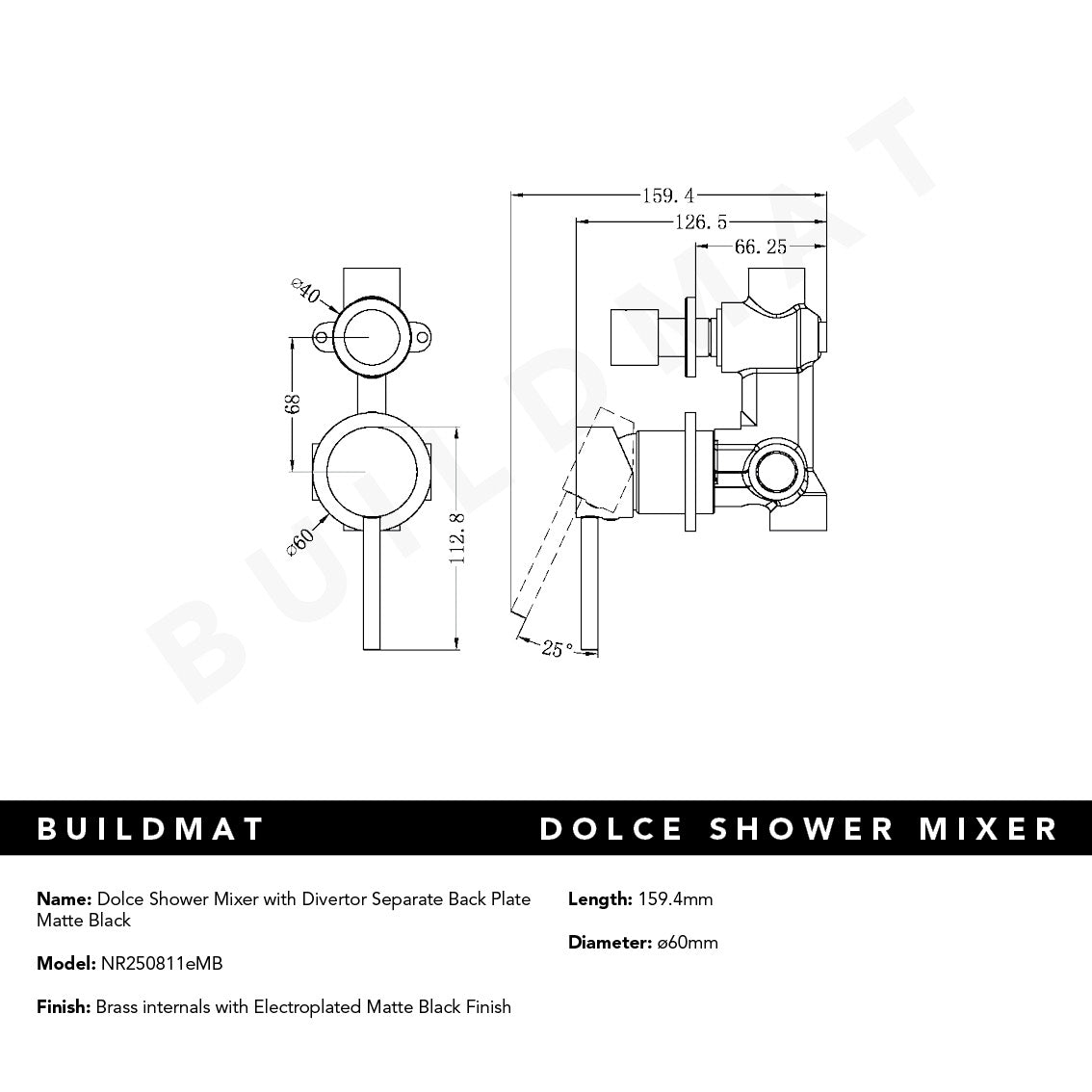 Dolce Shower Mixer with Divertor Separate Back Plate Matte Black