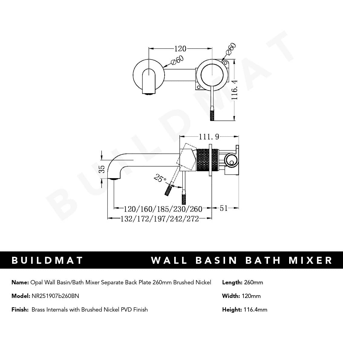 Opal Wall Basin/Bath Mixer Separate Black Plate 260mm Spout Brushed Nickel