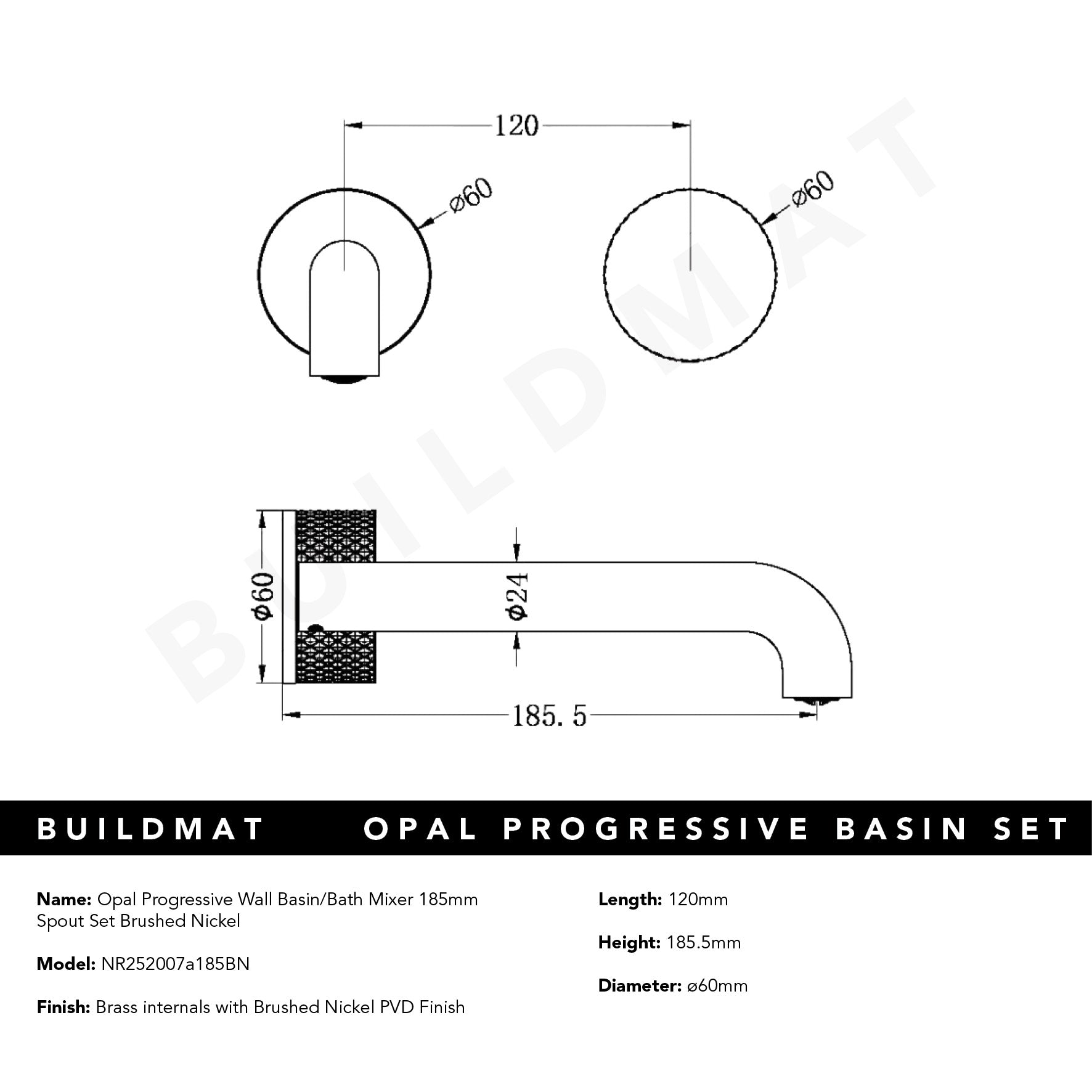 Opal Progressive Wall Basin/Bath Set 185mm Spout Brushed Nickel