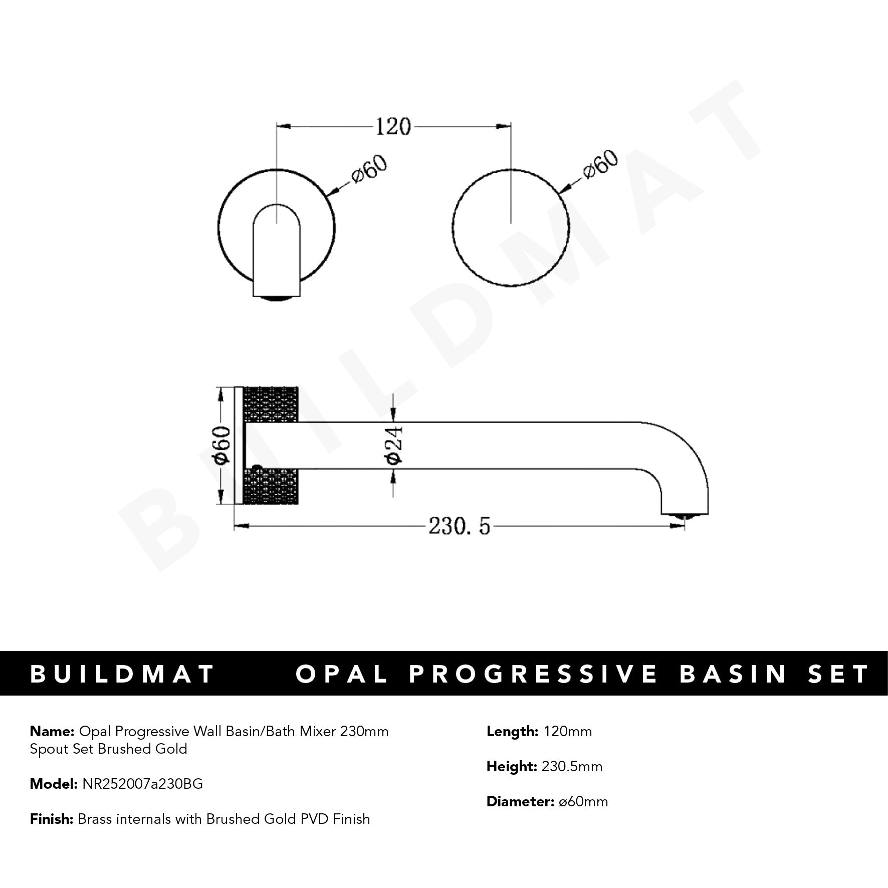 Opal Progressive Wall Basin/Bath Set 230mm Spout Brushed Gold