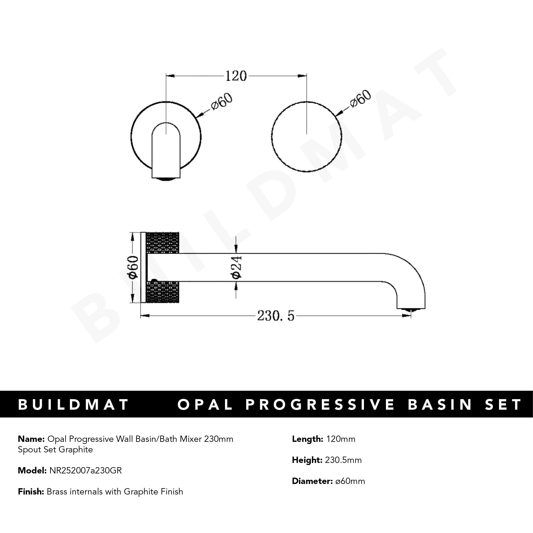 Opal Progressive Wall Basin/Bath Set 230mm Spout Graphite