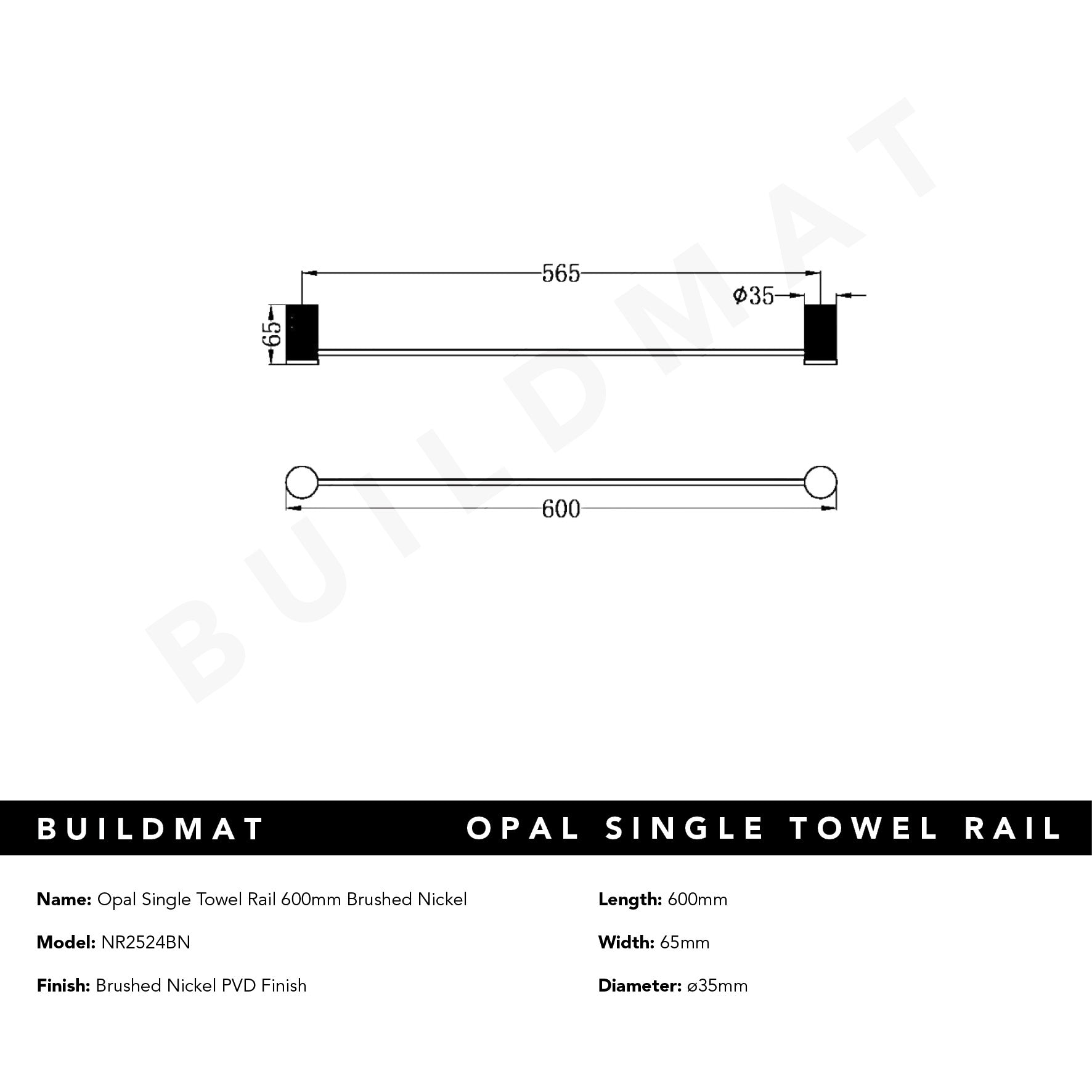 Opal Single Towel Rail 600mm Brushed Nickel