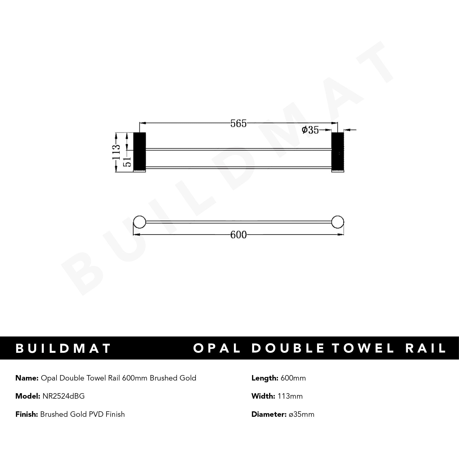 Opal Double Towel Rail 600mm Brushed Gold