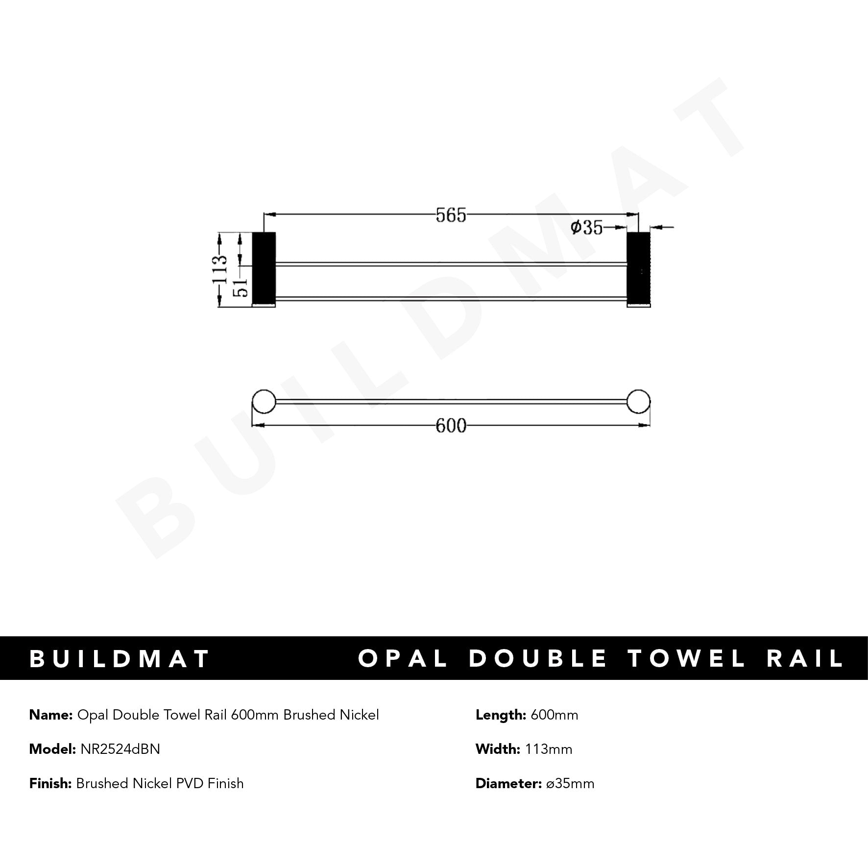 Opal Double Towel Rail 600mm Brushed Nickel