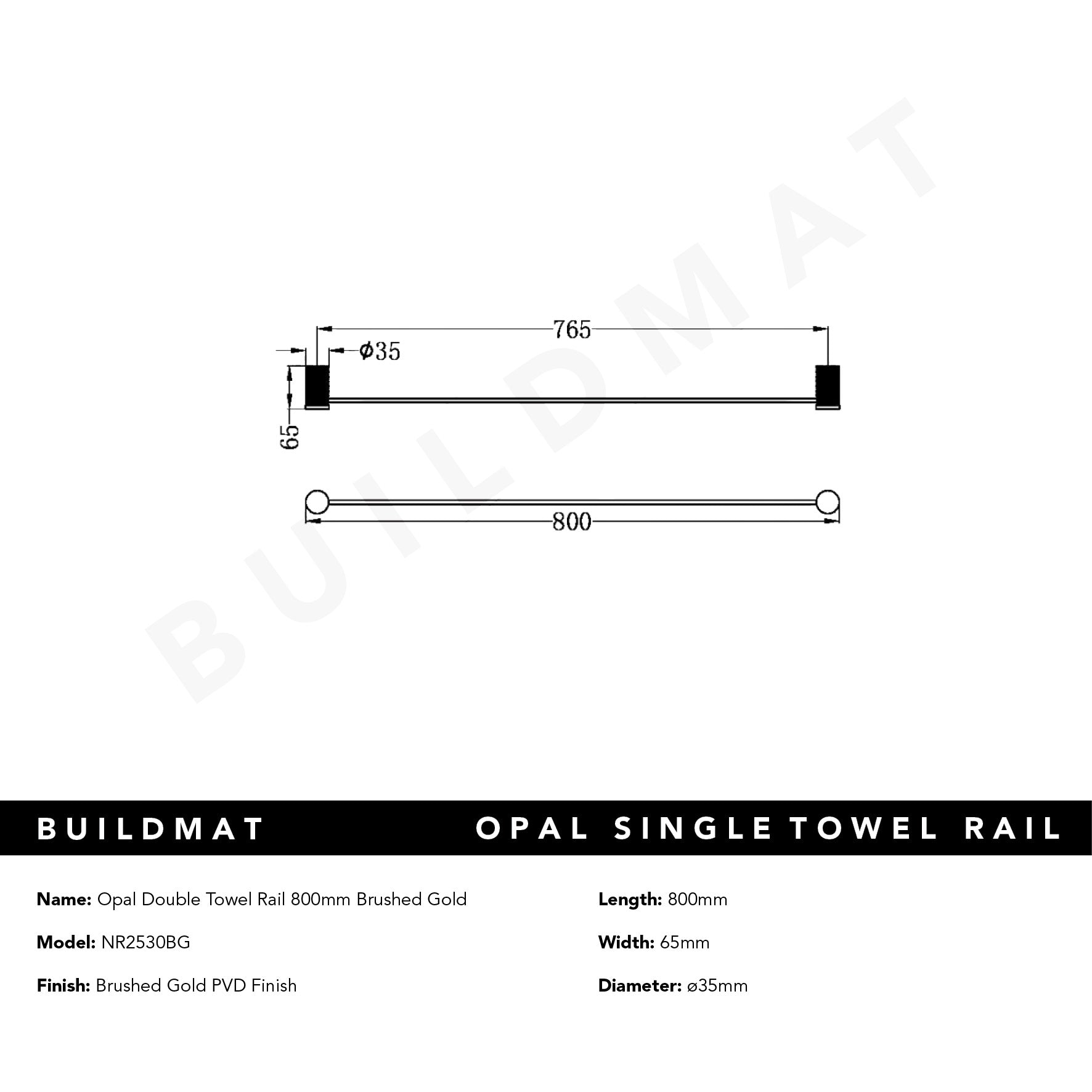 Opal Single Towel Rail 800mm Brushed Gold