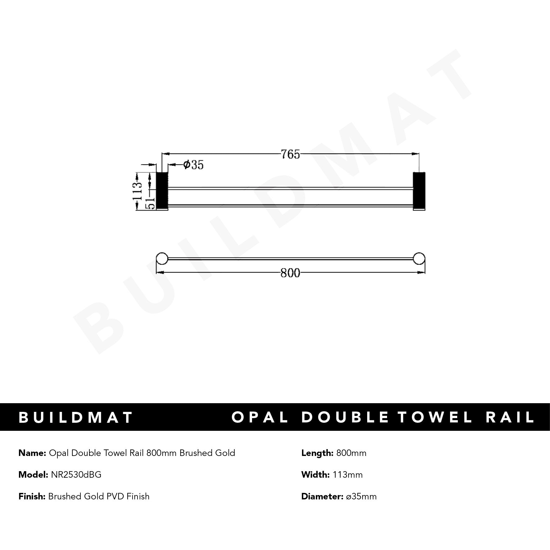 Opal Double Towel Rail 800mm Brushed Gold