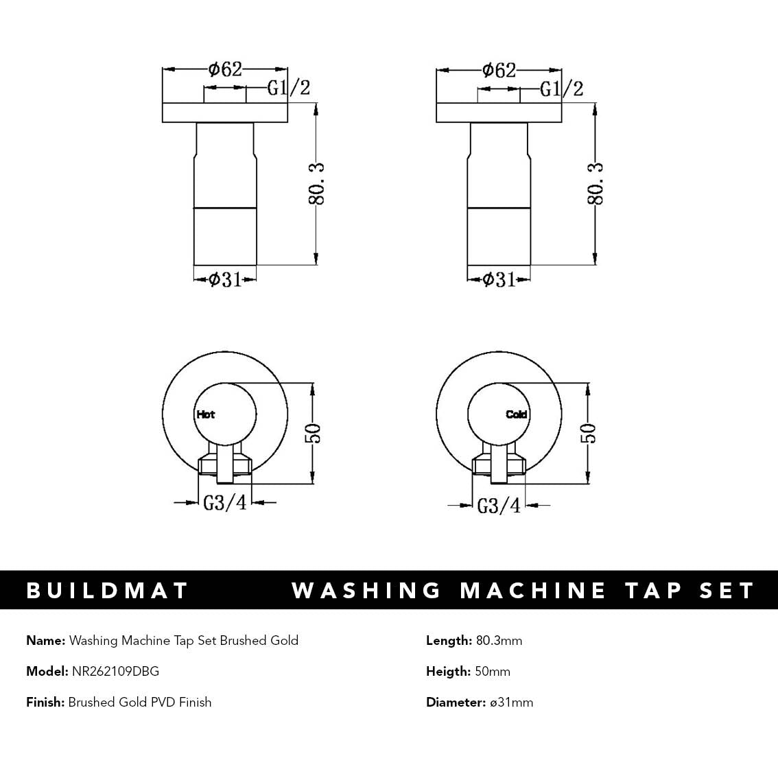 Washing Machine Tap Set Brushed Gold