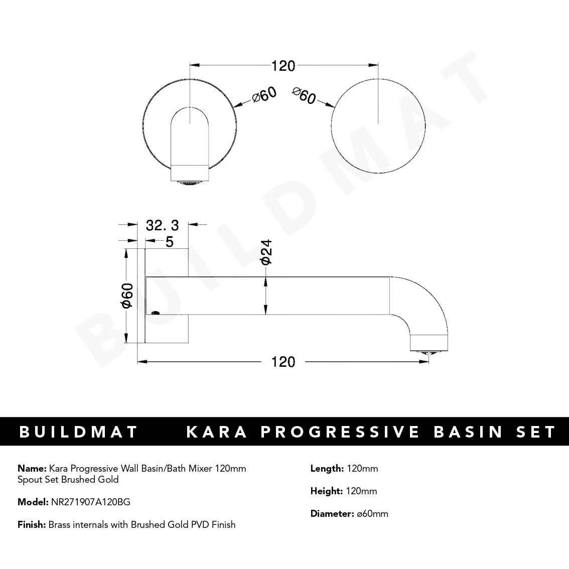 Kara Progressive Wall Basin/Bath Set 120mm Brushed Gold