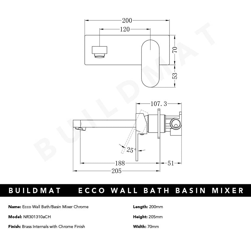 Ecco Wall Basin/Bath Mixer 200mm Chrome