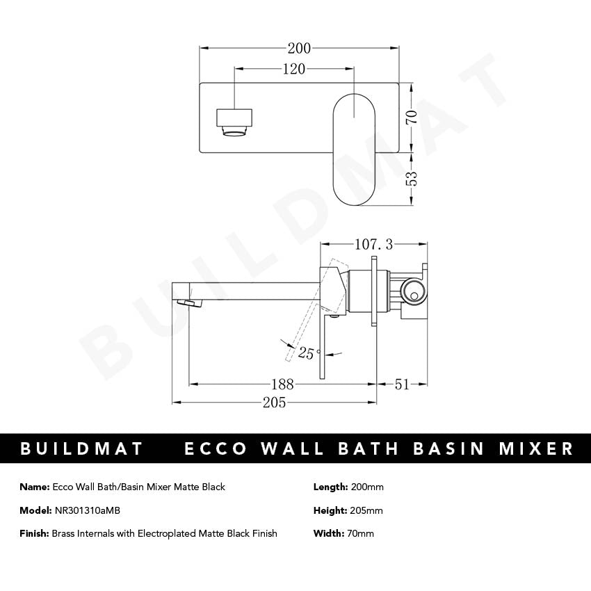 Ecco Wall Basin/Bath Mixer 200mm Matte Black